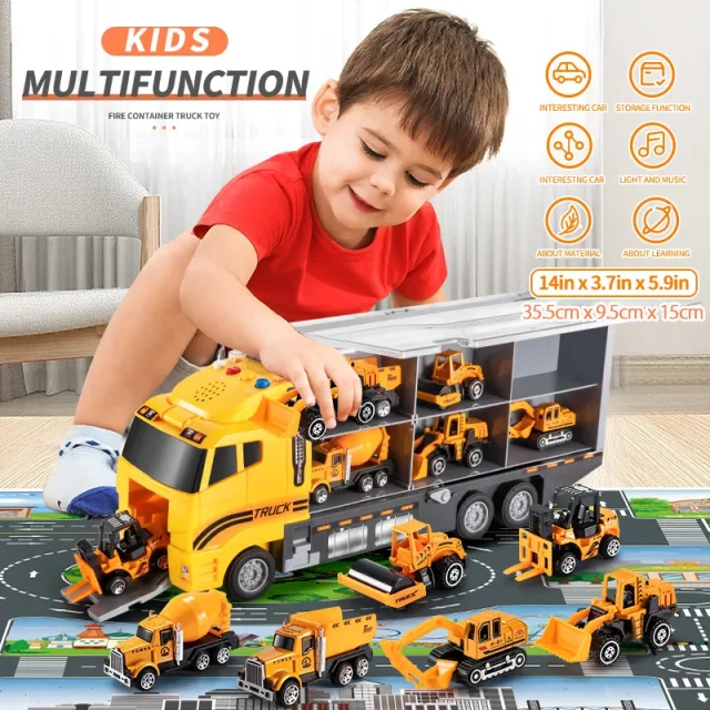 Big Container Transporter Playset with Play Mat Mini Engineering Vehicle Car Model Toys